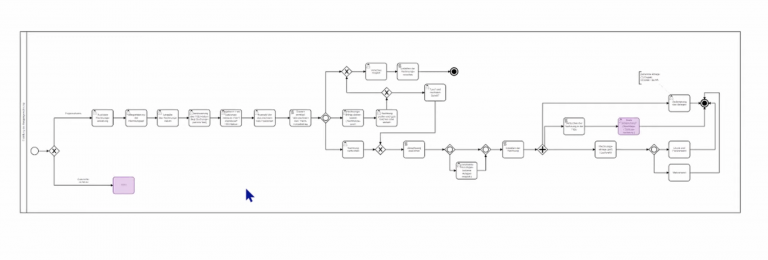Prozessvisualisierung per BPMN 2.0 Eine Prozesskette mit zahlreichen Prozessschritten und Verknüpfungen, visualisiert in BPMN 2.0.